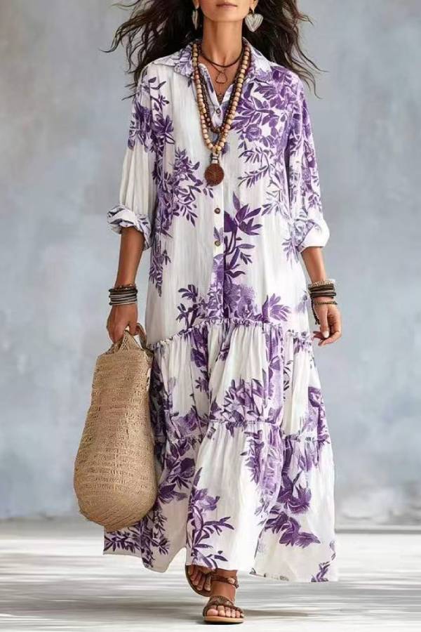 Boho Floral Print Shirt Maxi Dress