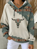 Western-style Bull Head and Skull Print Hoodie