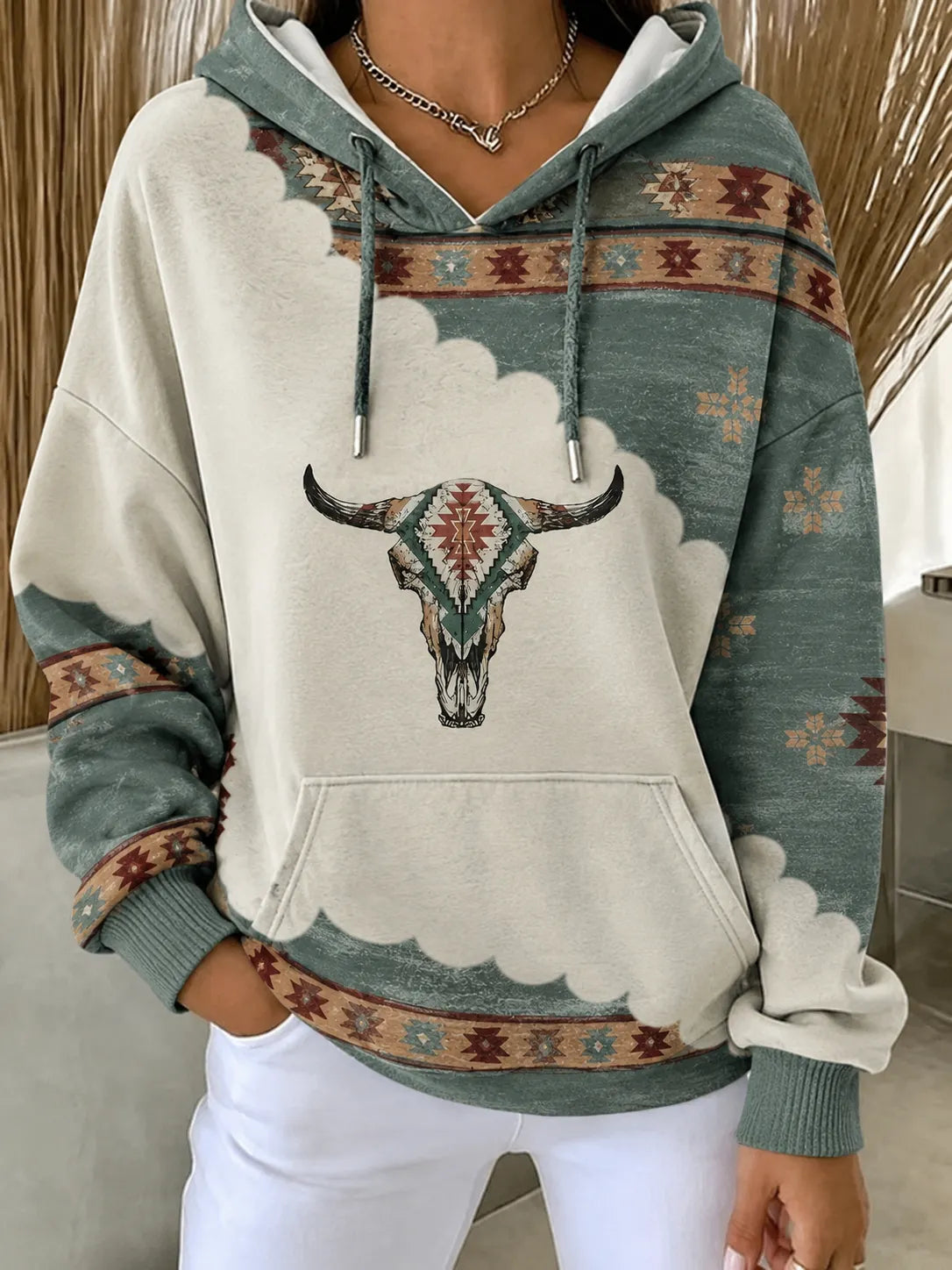 Western-style Bull Head and Skull Print Hoodie