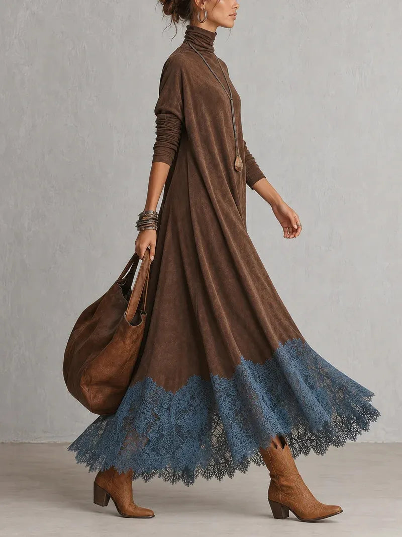 Brown Turtleneck Swing Maxi Dress with Teal Lace Hem