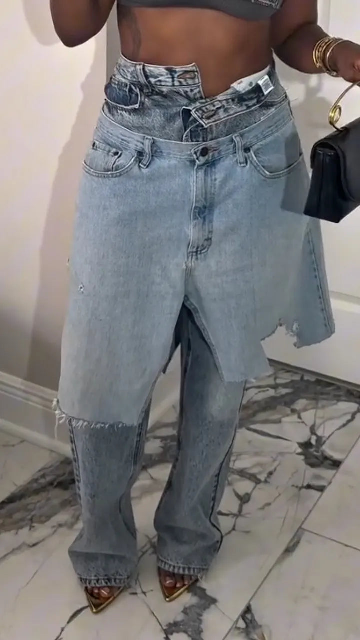 Blue Double-Waist Skirt-Overlay Jeans