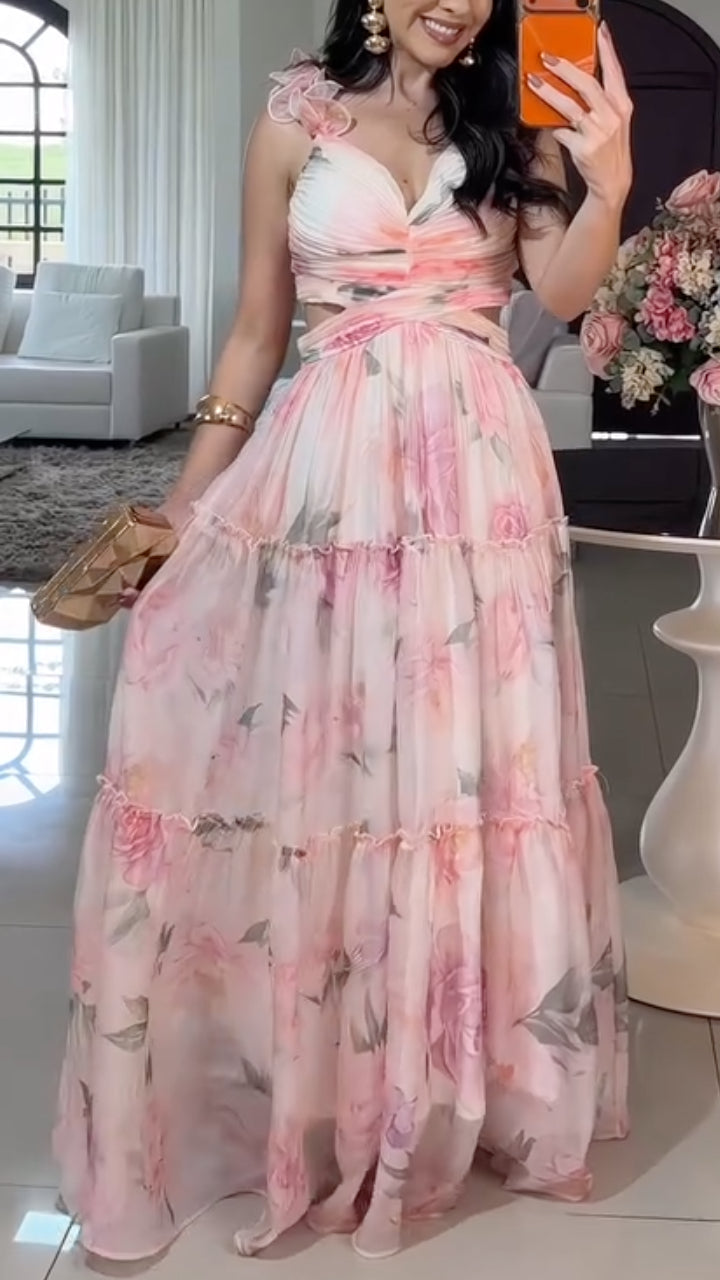 Floral Cutout Tiered Chiffon Maxi Dress
