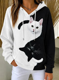 Women's Black and White Yin Yang Cat Print Sweatshirt