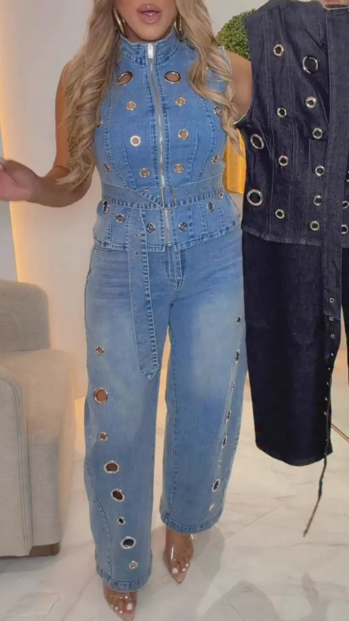 Blue Grommet Zip Vest and Barrel-Leg Jeans Set