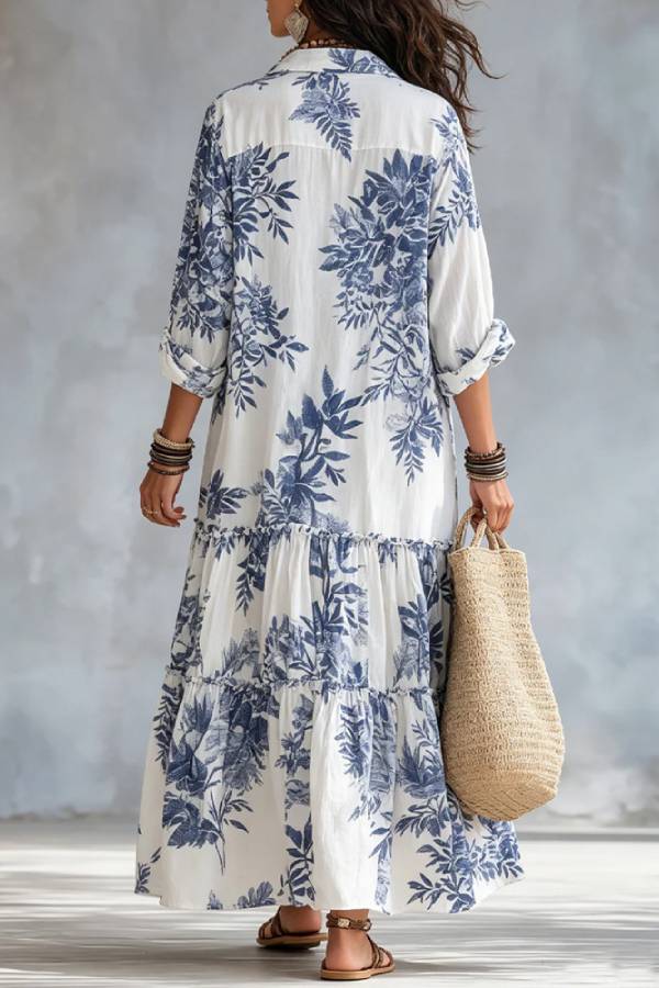 Boho Floral Print Shirt Maxi Dress