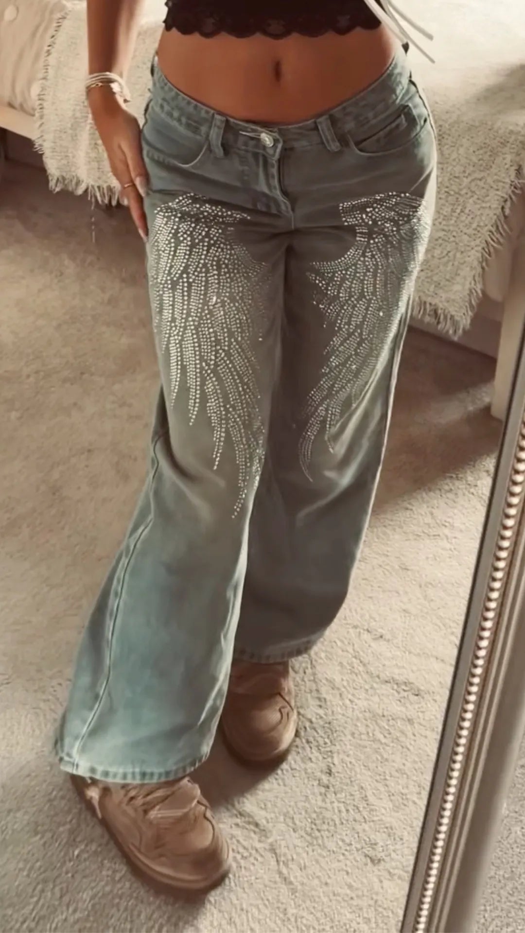 Gray-Green Rhinestone-Wing Wide-Leg Jeans