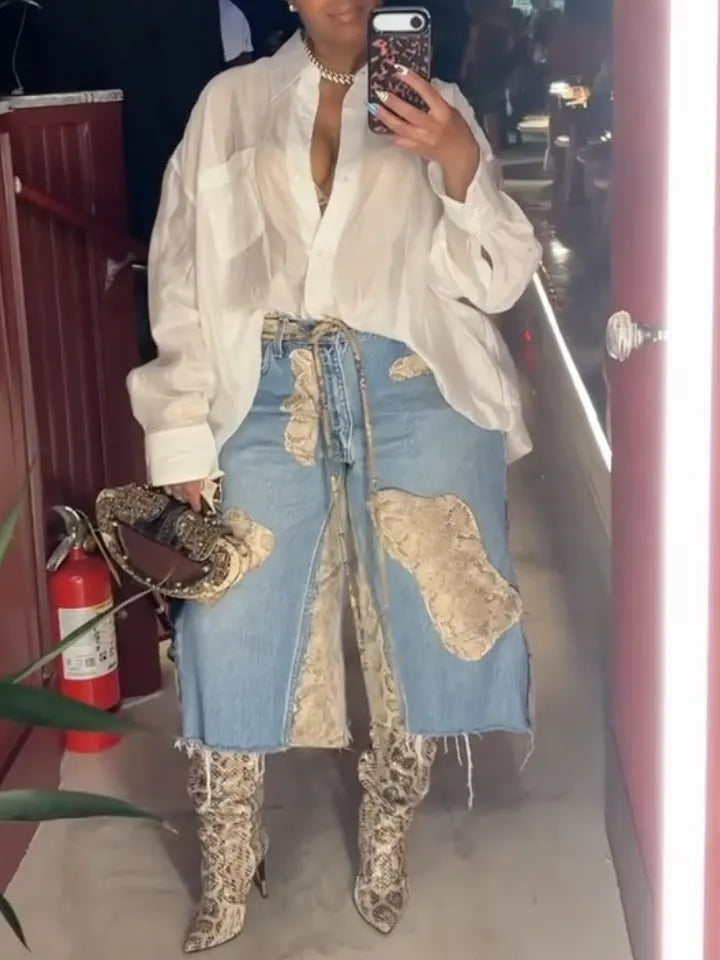 Blue Snake-Print Patchwork Denim Midi Pants