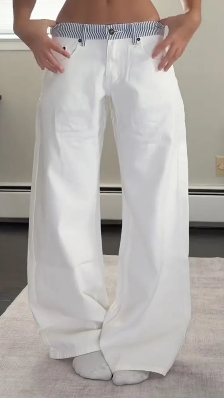 White Striped-Waist Wide-Leg Pants