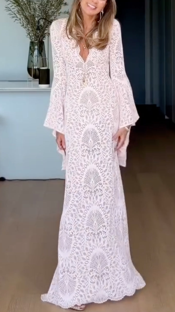 Blush Lace V-Neck Bell-Sleeve Maxi Dress