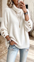Ivory Button-Cuff Turtleneck Sweater