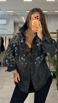Charcoal Floral-Embellished Relaxed Denim Shirt