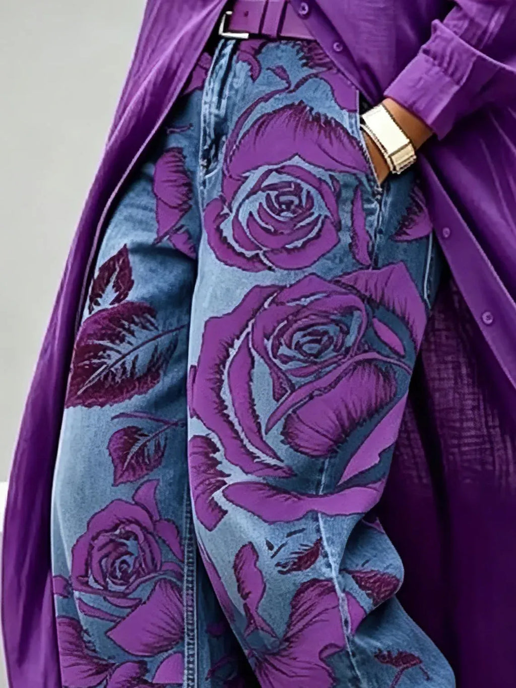 Purple Rose Print Balloon Jeans