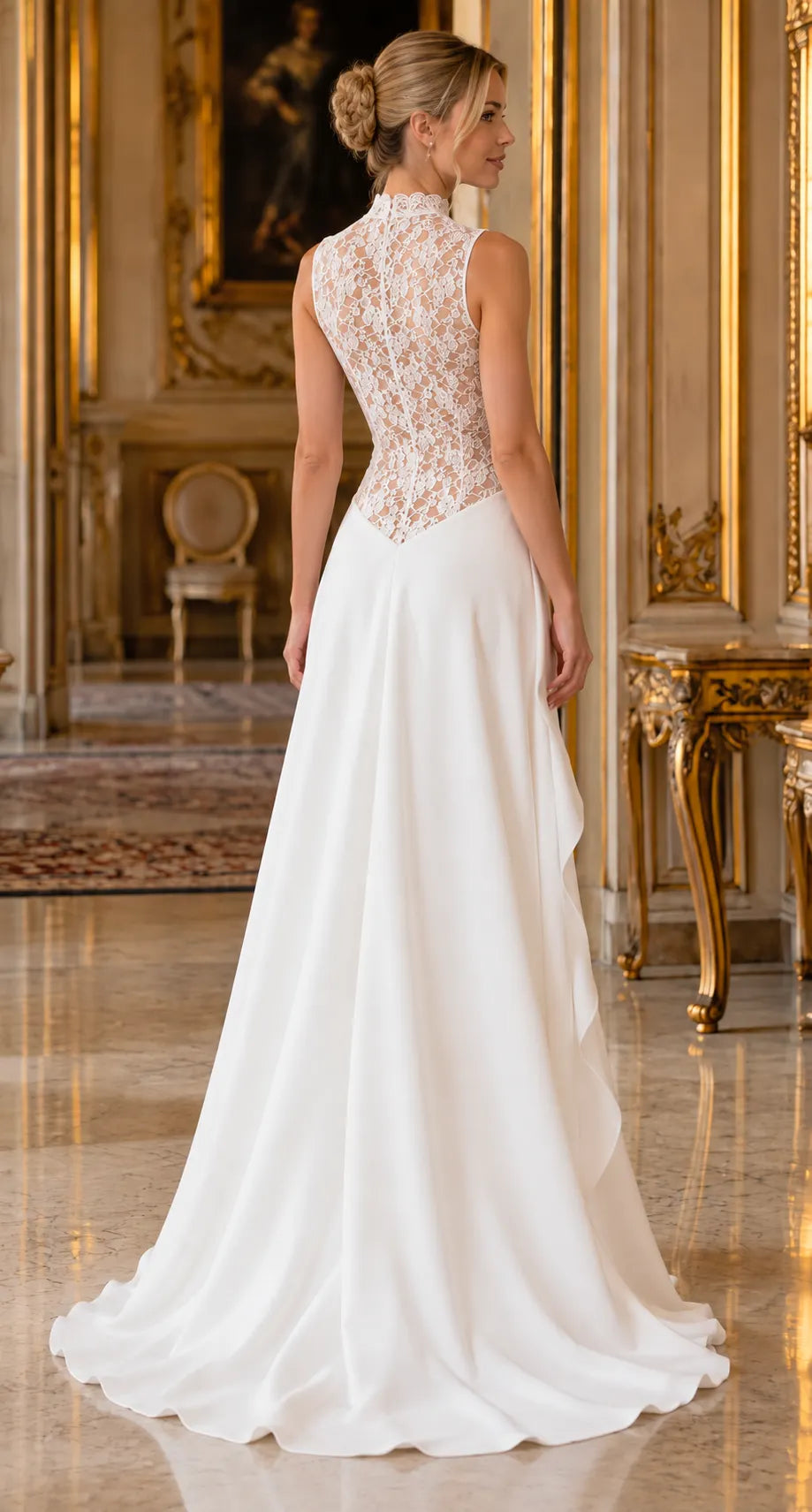 Ivory Lace & Satin Draped Evening Gown