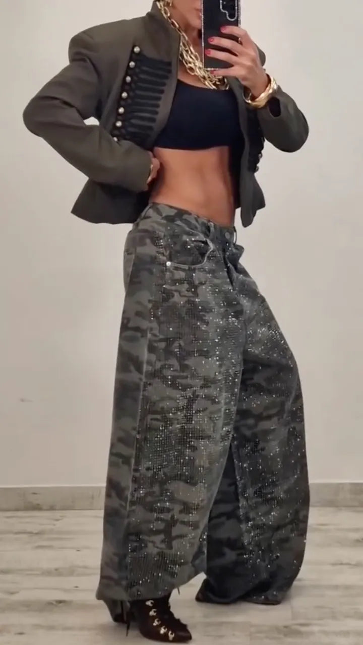 Embellished Camouflage Barrel-Leg Pants