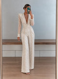Ivory Pearl-Lattice Deep-V Wide-Leg Jumpsuit