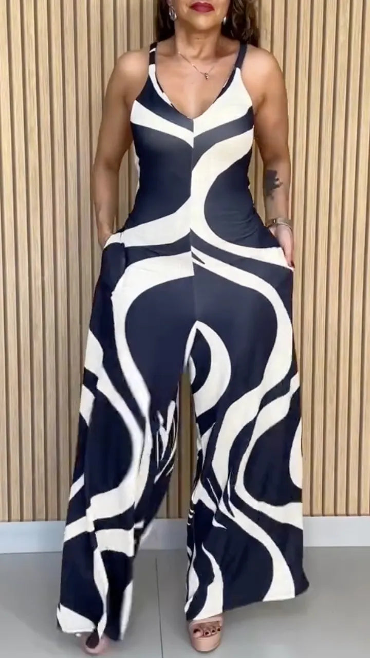 Navy and Ivory Abstract-Print Tie-Back Wide-Leg Jumpsuit
