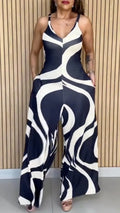 Navy and Ivory Abstract-Print Tie-Back Wide-Leg Jumpsuit