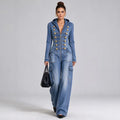 Blue Military-Button Hooded Cargo Denim Jumpsuit