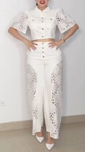White Openwork-Sleeve Crop Shirt and Lace-Panel Pants Set