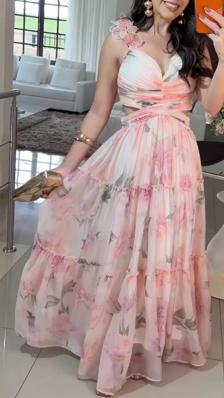 Floral Cutout Tiered Chiffon Maxi Dress