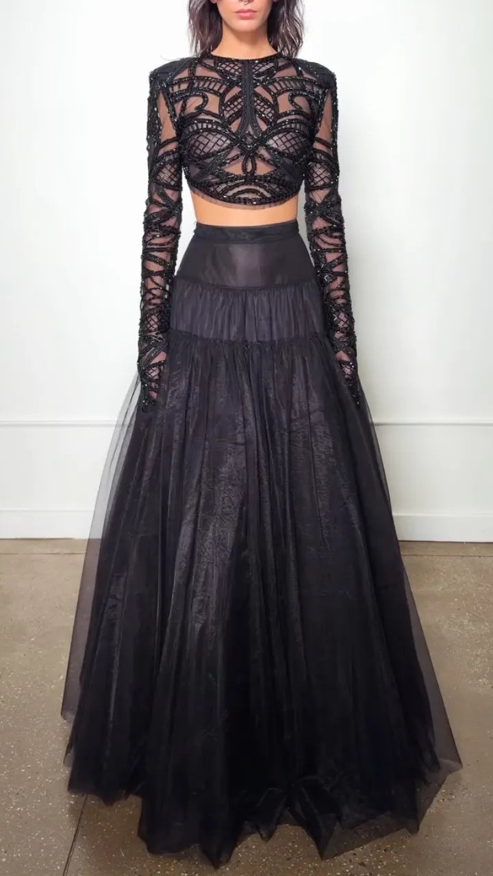 Black Geometric Sheer Crop Top and Tiered Maxi Skirt Set