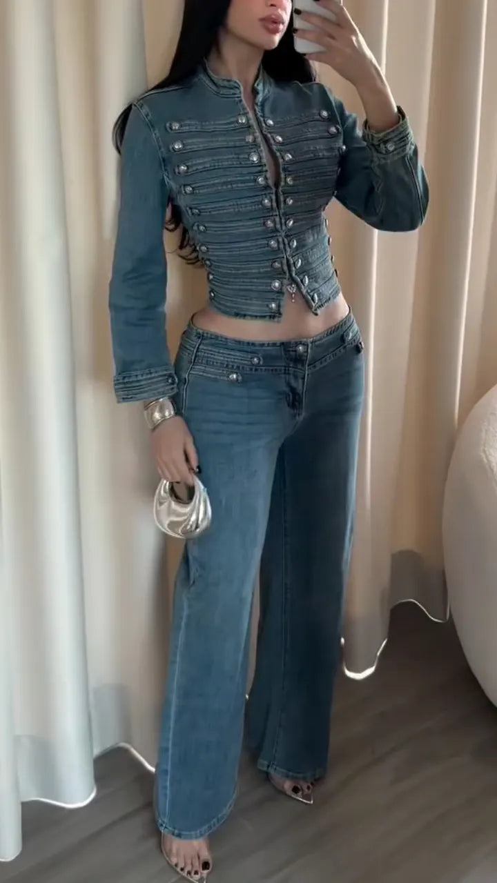 复制Burgundy Asymmetric Blazer and Grommet Pants Set