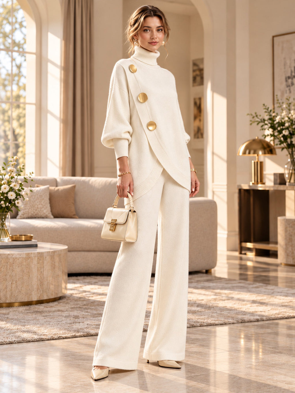 ✨ Women's Elegant Turtleneck Sweater & Wide-Leg Pants Set