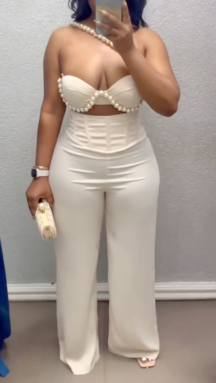 Ivory Pearl-Trim Cutout Corset Wide-Leg Set
