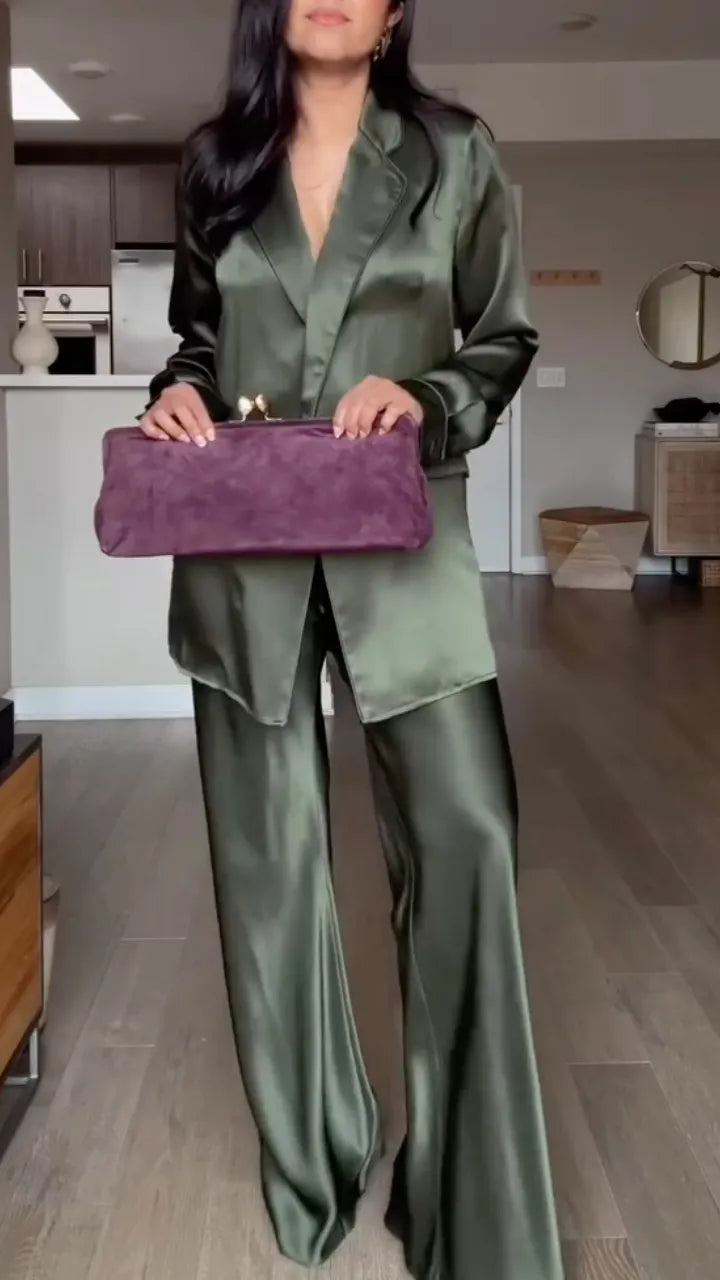 Olive Satin-Look Longline Shirt and Wide-Leg Pants Set