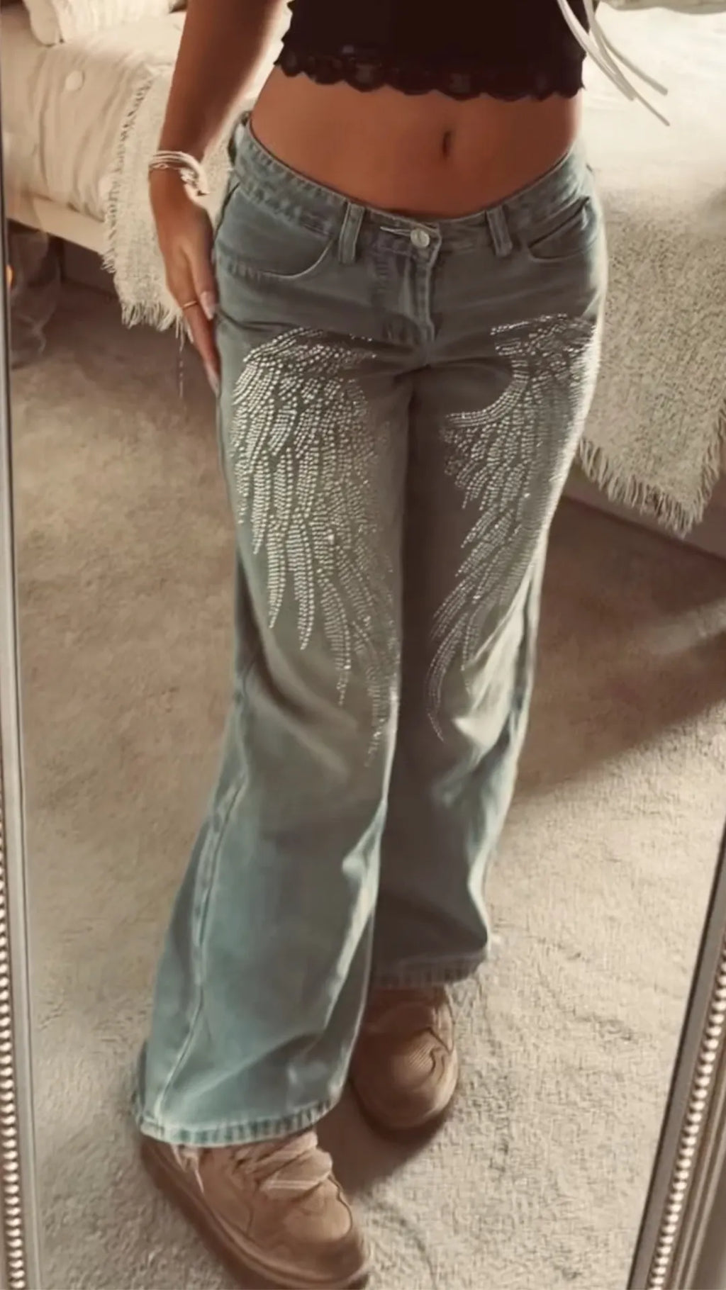 Gray-Green Rhinestone-Wing Wide-Leg Jeans