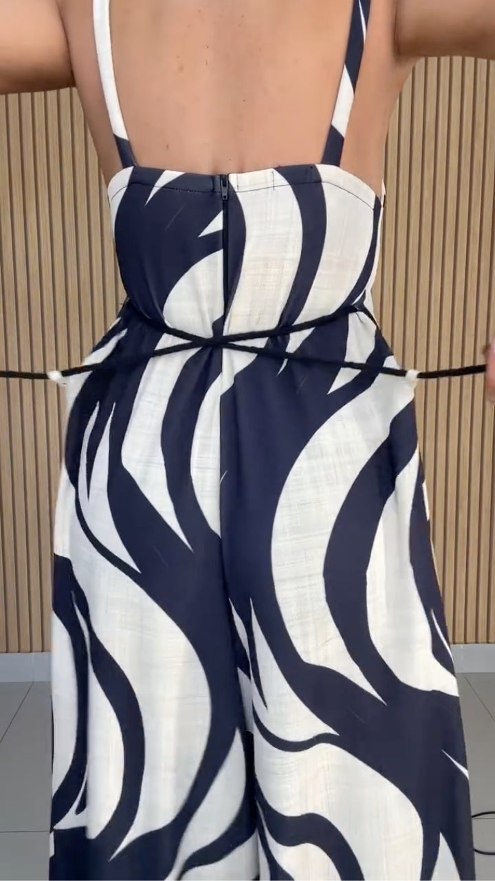 Navy and Ivory Abstract-Print Tie-Back Wide-Leg Jumpsuit