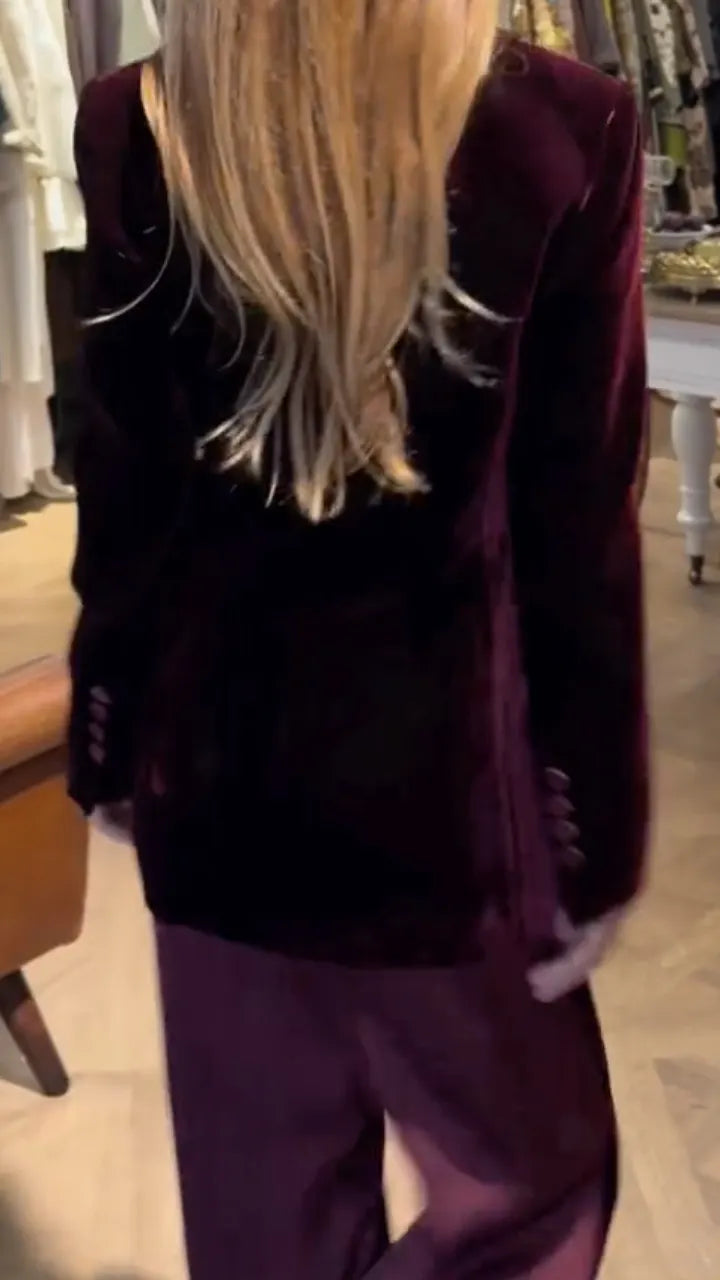 Burgundy Velvet-Look Contrast-Lapel Pantsuit