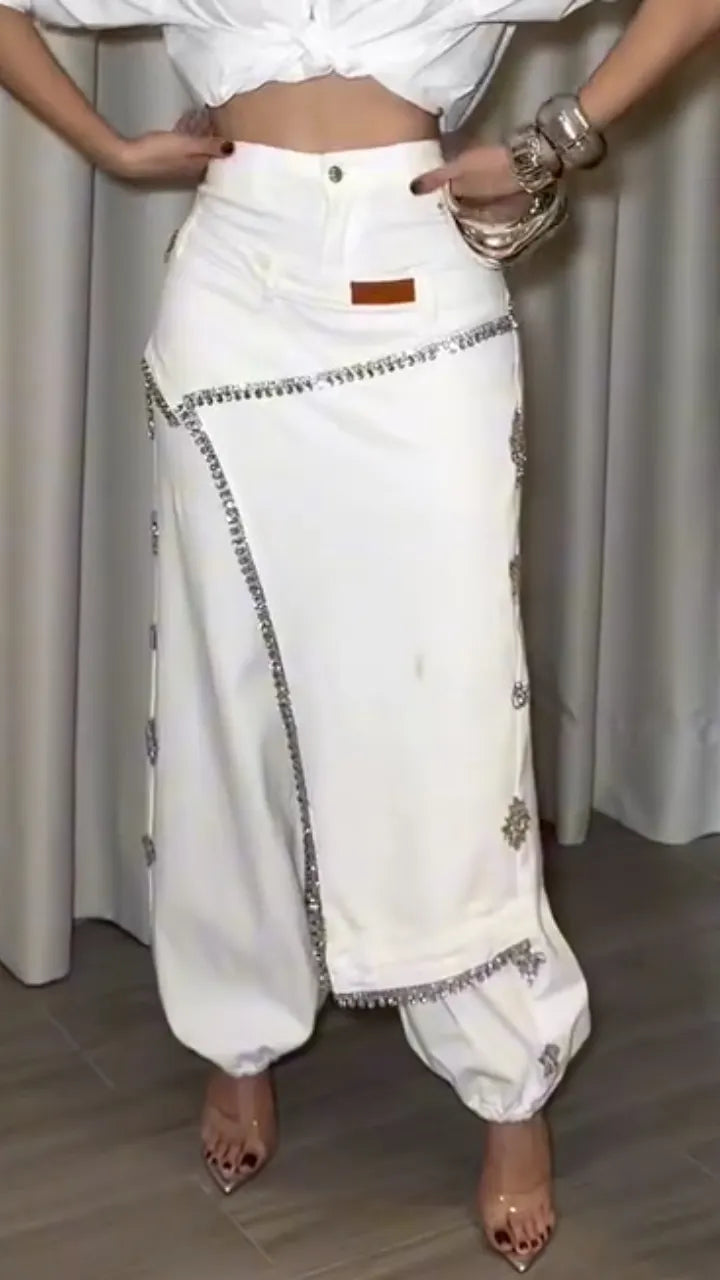 Ivory Rhinestone-Trim Overlay Harem Pants