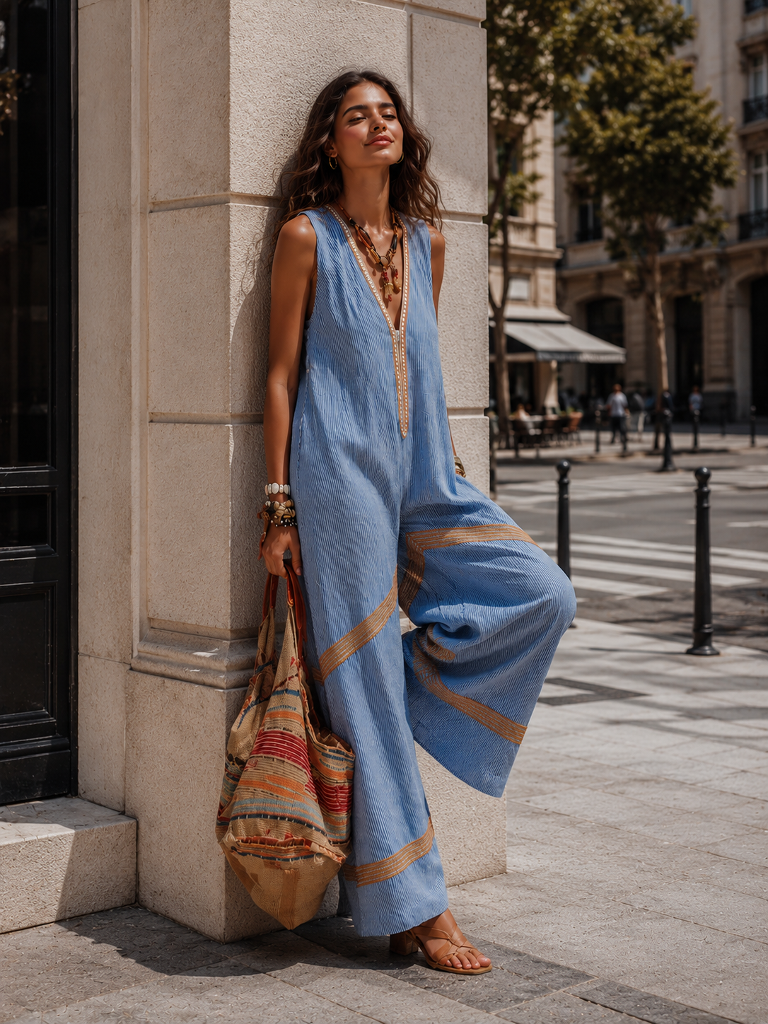 Retro-casual Color-block Trim Blue Striped Oversized Jumpsuit