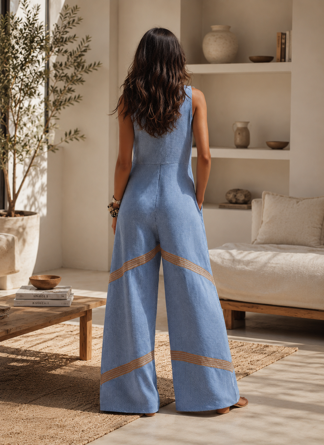 Retro-casual Color-block Trim Blue Striped Oversized Jumpsuit