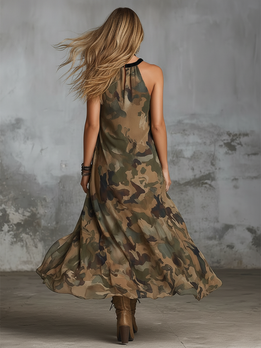 Chic And Elegant Green Camouflage Print Halter-neck Chiffon Maxi Dress