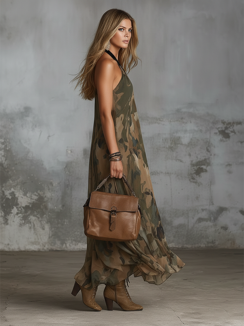 Chic And Elegant Green Camouflage Print Halter-neck Chiffon Maxi Dress