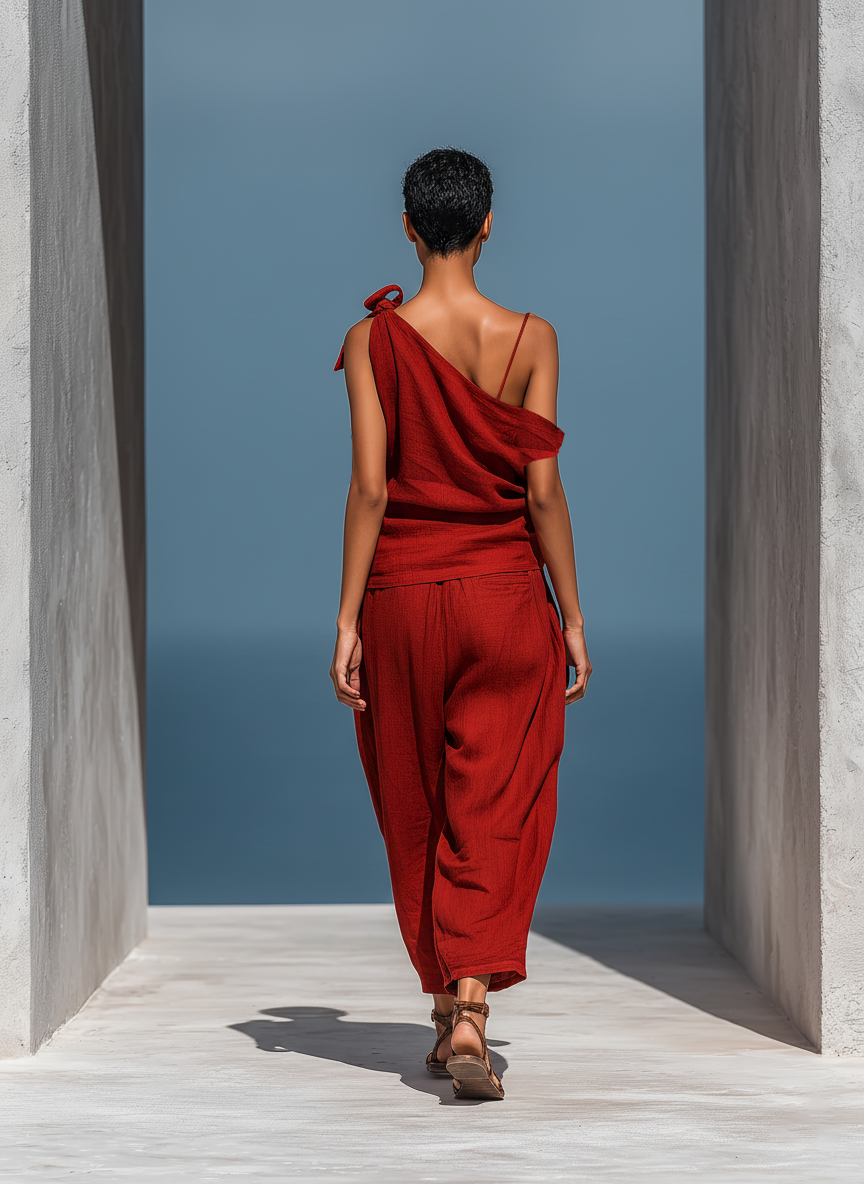 Women’s Red Linen Two-Piece Set: Asymmetrical One-Shoulder Top (Without Neck Scarf) & Wide-Leg Pants With Pockets MDZ2201D4T
