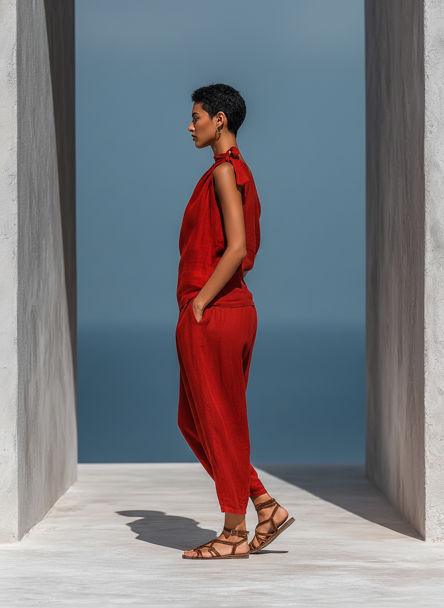 Women’s Red Linen Two-Piece Set: Asymmetrical One-Shoulder Top (Without Neck Scarf) & Wide-Leg Pants With Pockets MDZ2201D4T