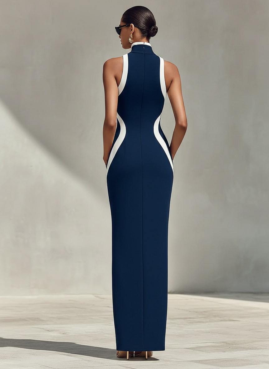 Women's Navy & White Form-Fitting Gown With Front Zipper Detail & Side Slit, Effortless Elegant Formal Dress MDZ1519D1LYL