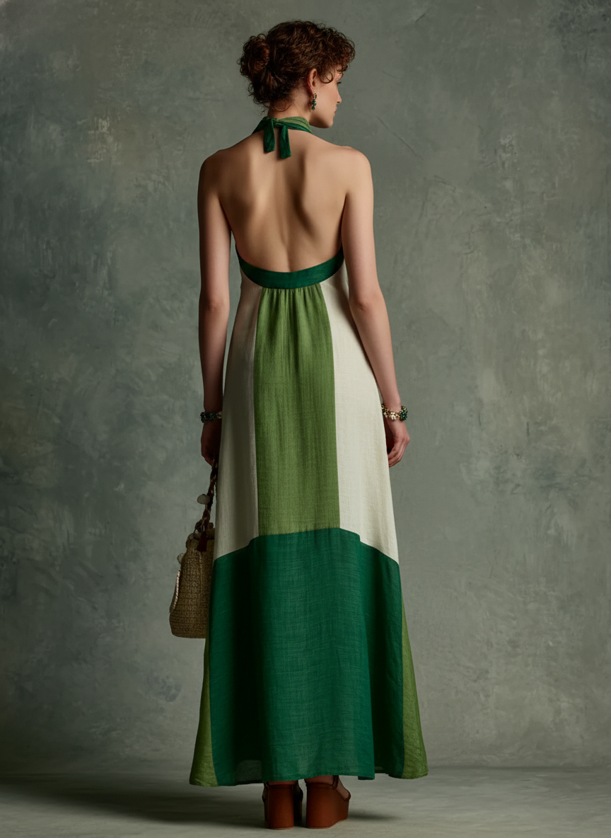 Women's Vacation Style Green And White Color-Block Linen-Cotton Halter V-Neck Waist-Tailored Maxi Dress MDZ2051E3GMJ