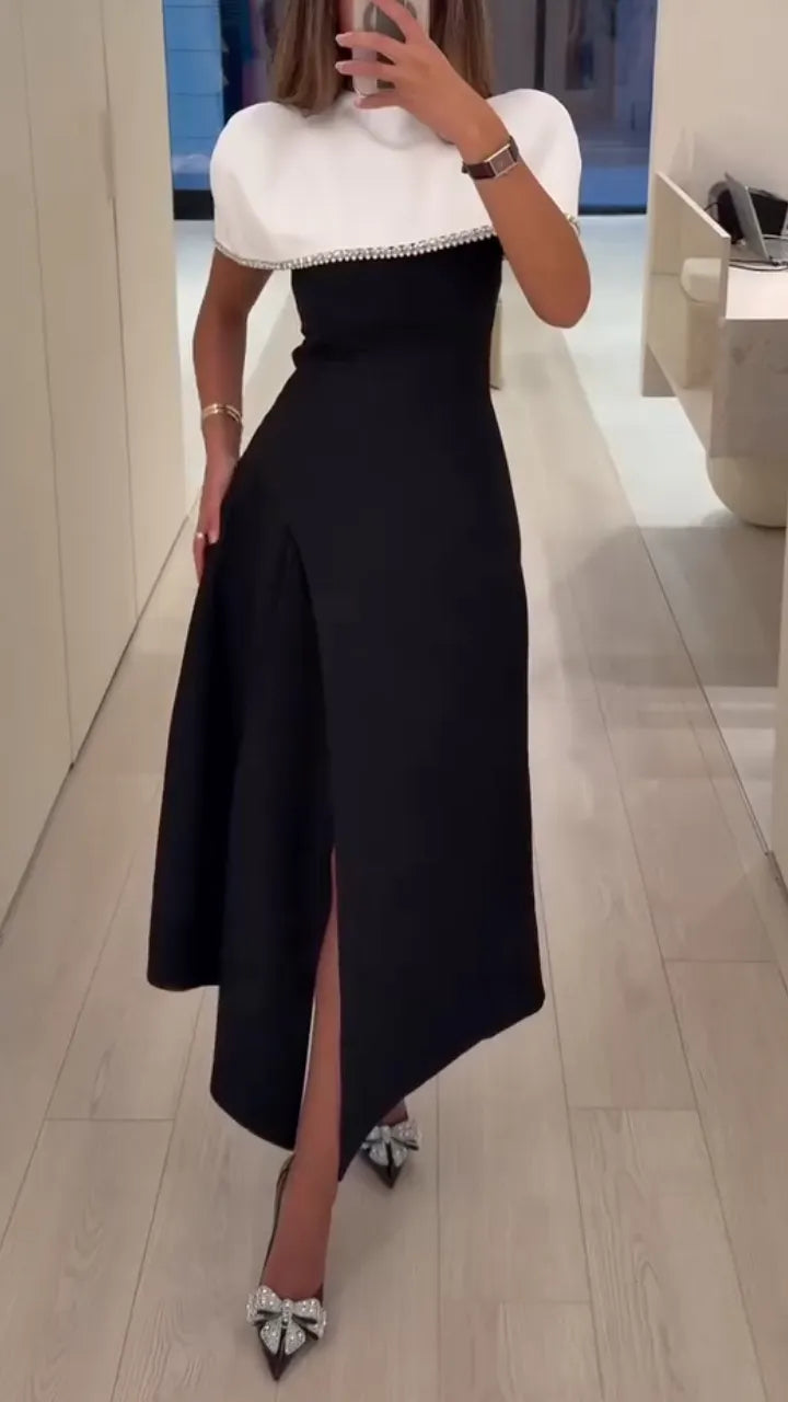 Crystal-Trim Capelet Asymmetric Midi Dress