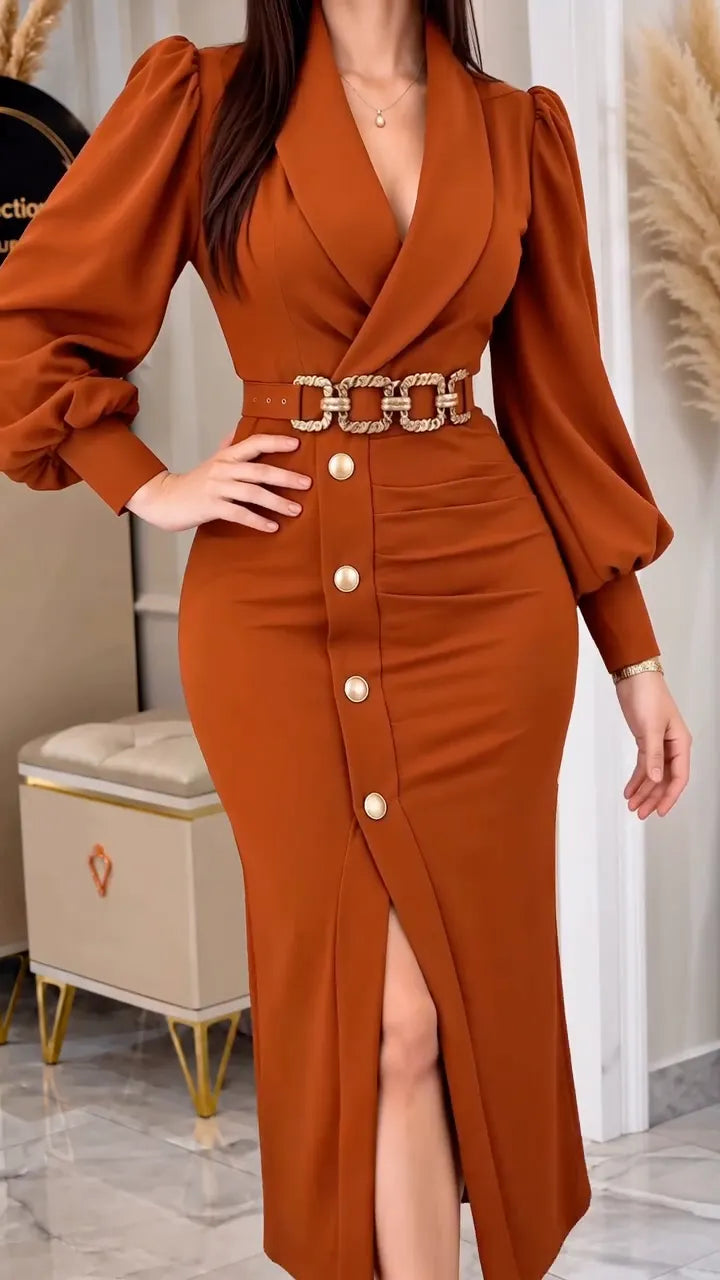 Rust Shawl-Collar Balloon-Sleeve Button Midi Dress