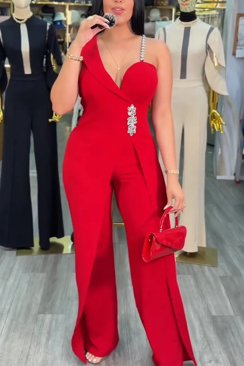 Red Asymmetric Embellished Wide-Leg Jumpsuit