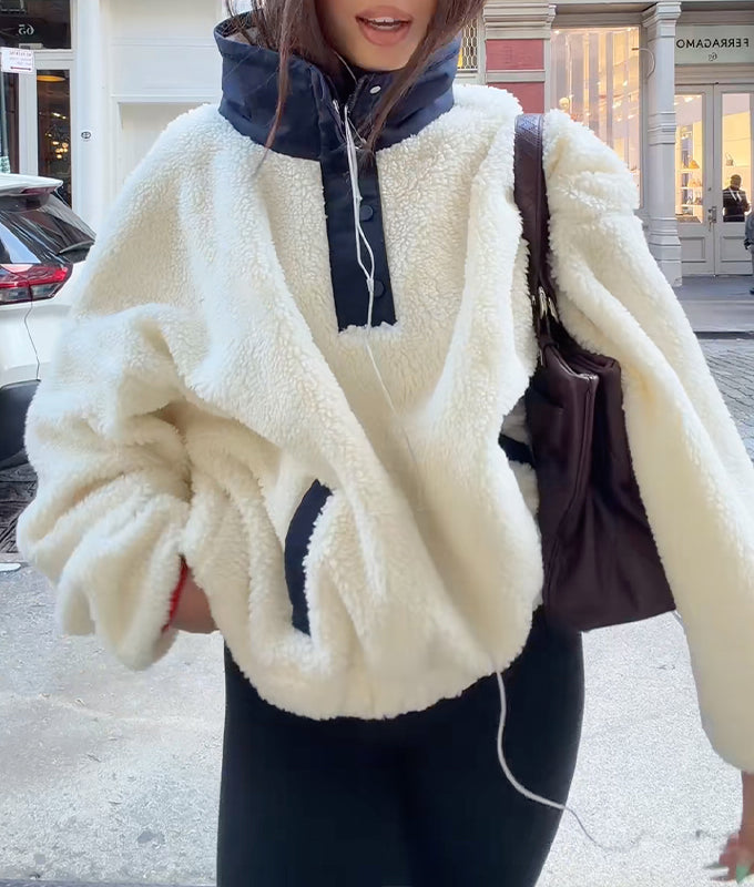 Ivory Contrast-Collar Teddy Fleece Pullover