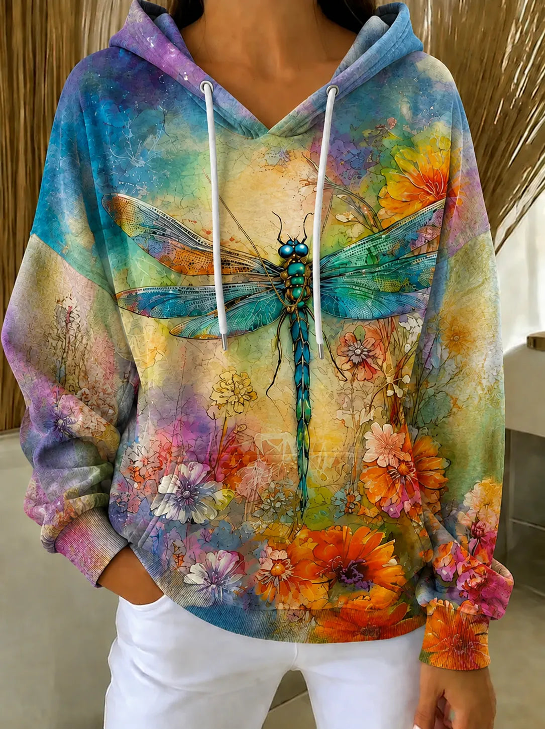 Women's - Colorful Dragonfly and Floral Print Sweatshirt