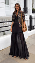 Floral Tapestry-Look Jacket & Black Tiered Maxi Dress Set