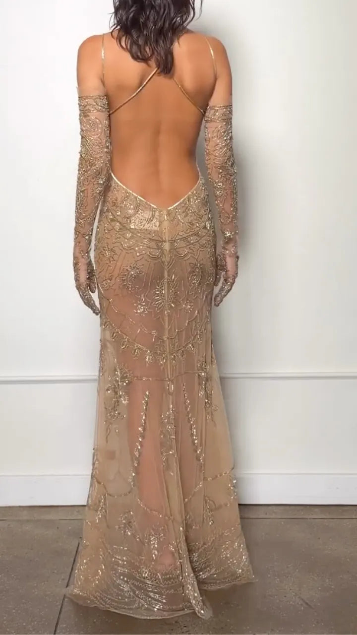 Gold Ornate-Beaded Plunging Sheer Maxi Gown