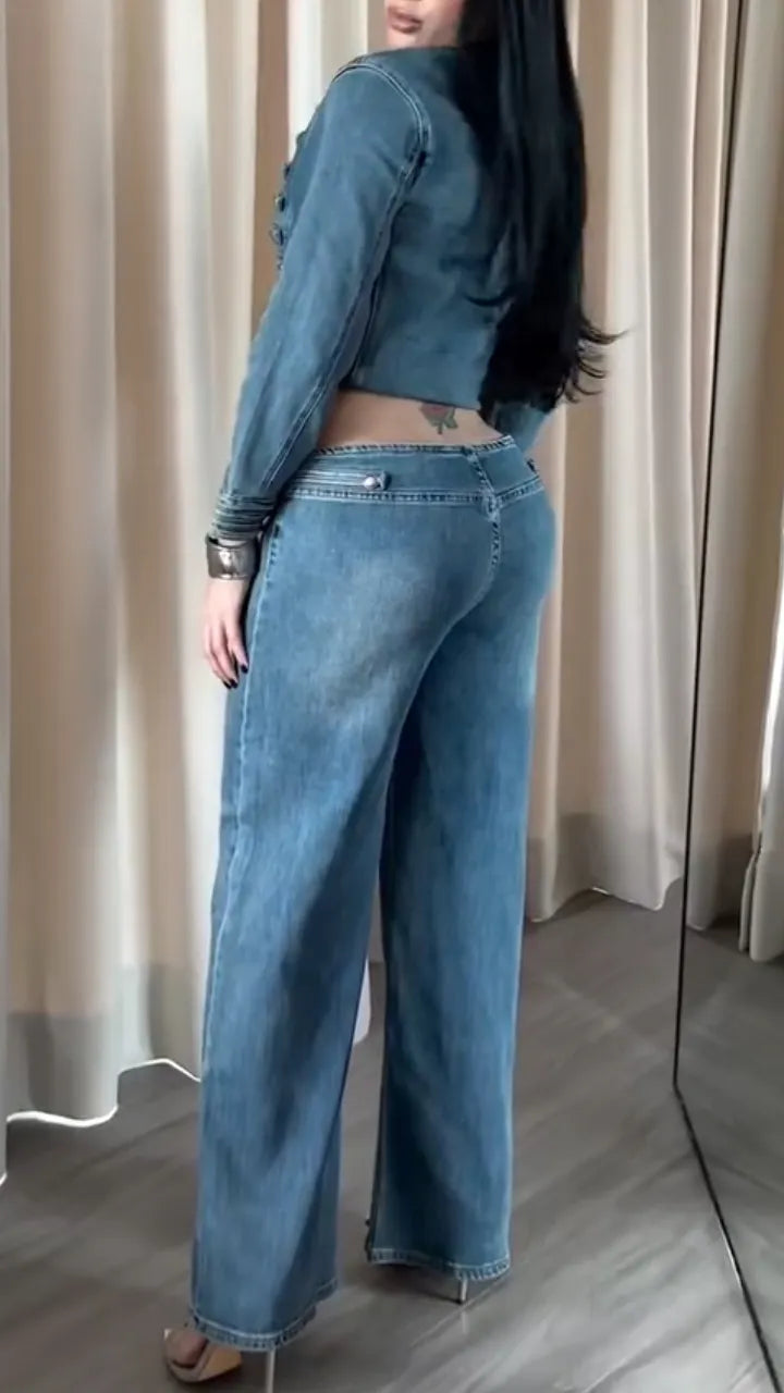 Blue Military-Tab Cropped Denim Jacket and Wide-Leg Jeans Set