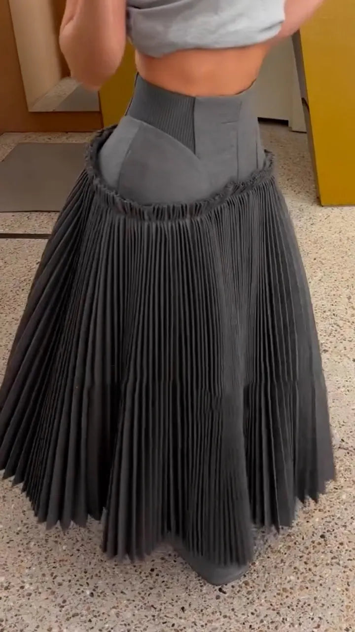 Gray Sculpted-Waist Pleated Midi Skirt